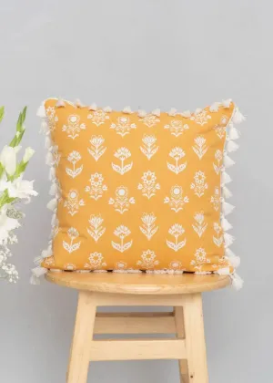 100% Pure Cotton Cushion Cover in Earthly Mustard with Dahlia Print and tassels, Size Options available