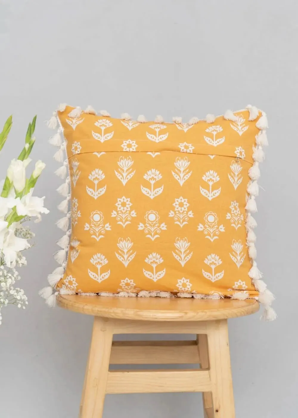 100% Pure Cotton Cushion Cover in Earthly Mustard with Dahlia Print and tassels, Size Options available