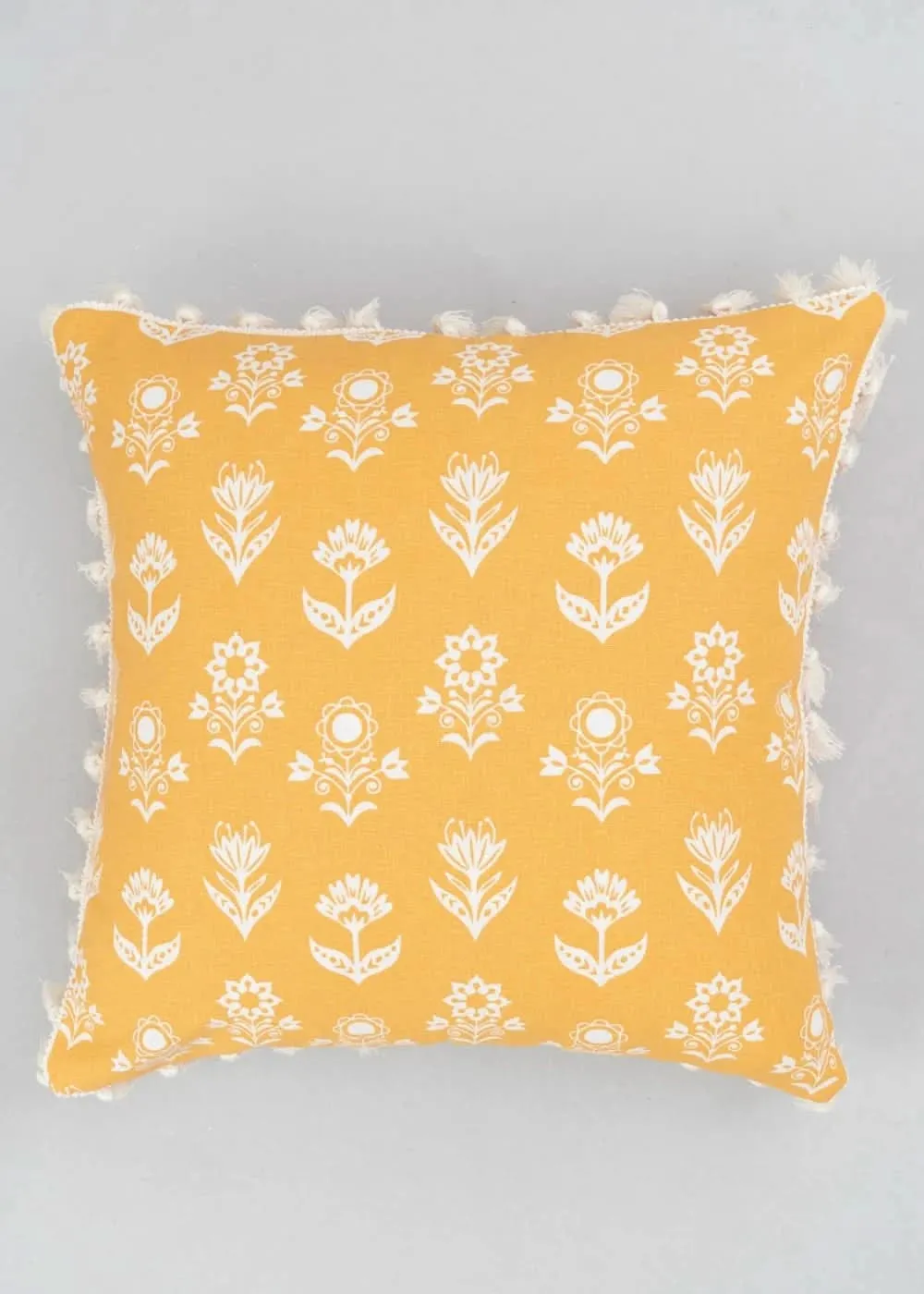 100% Pure Cotton Cushion Cover in Earthly Mustard with Dahlia Print and tassels, Size Options available