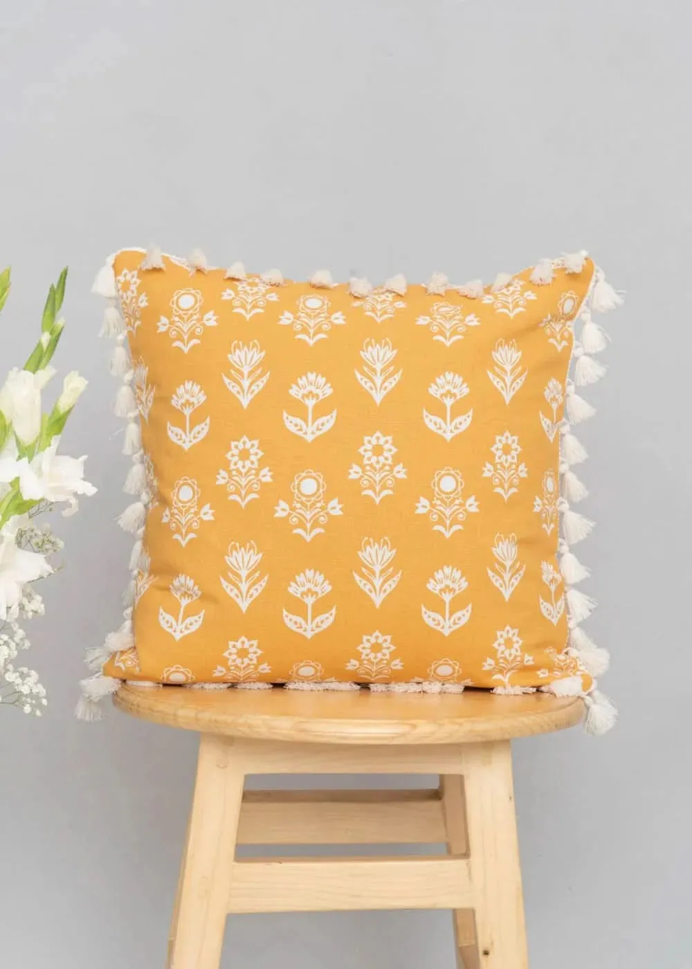 100% Pure Cotton Cushion Cover in Earthly Mustard with Dahlia Print and tassels, Size Options available