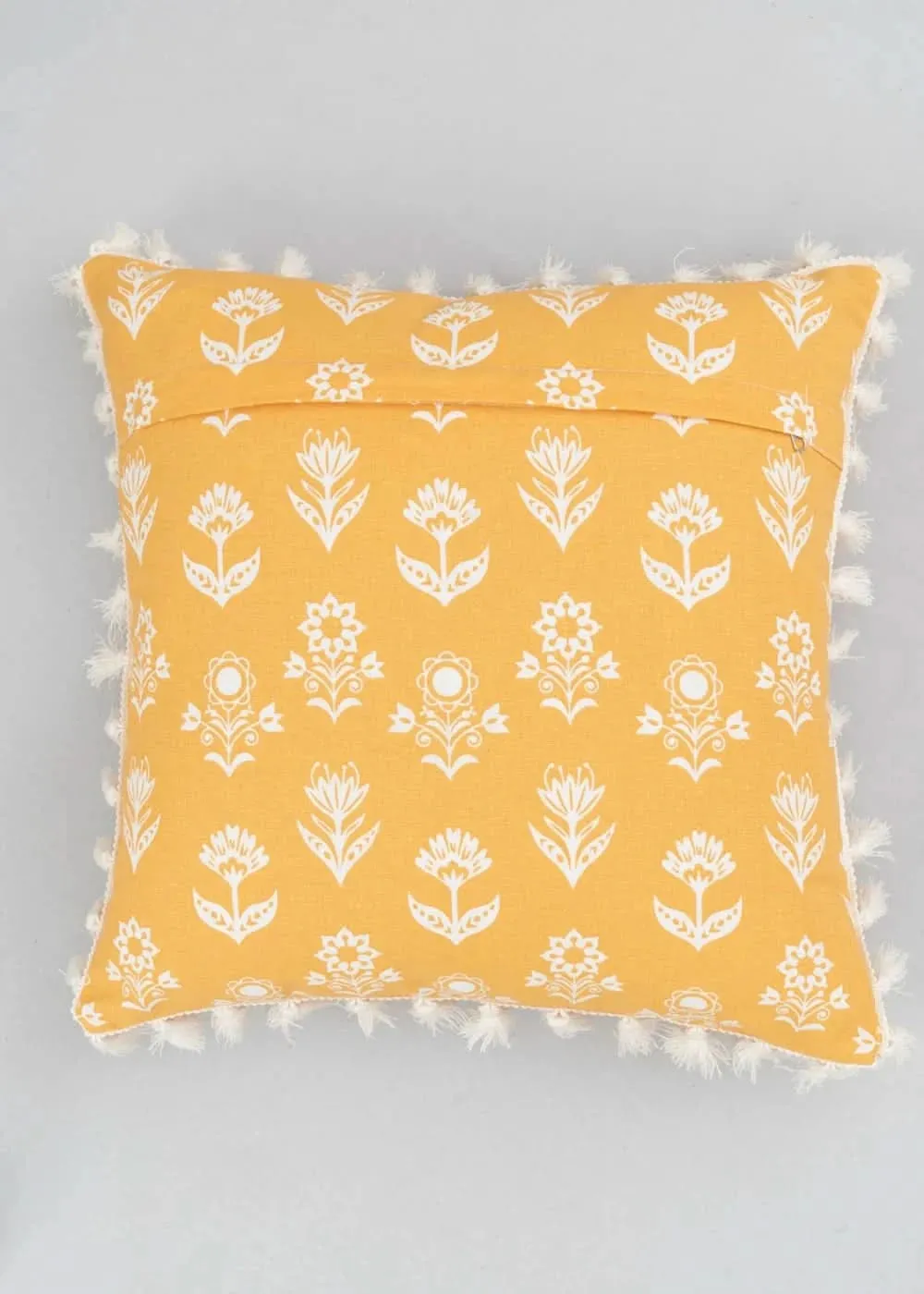 100% Pure Cotton Cushion Cover in Earthly Mustard with Dahlia Print and tassels, Size Options available