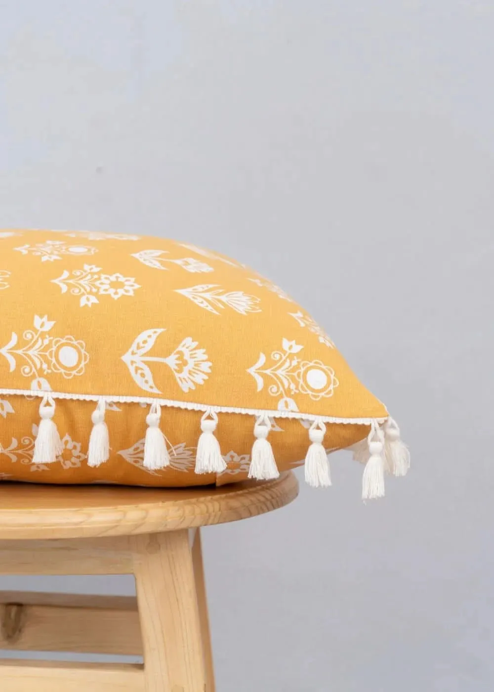 100% Pure Cotton Cushion Cover in Earthly Mustard with Dahlia Print and tassels, Size Options available