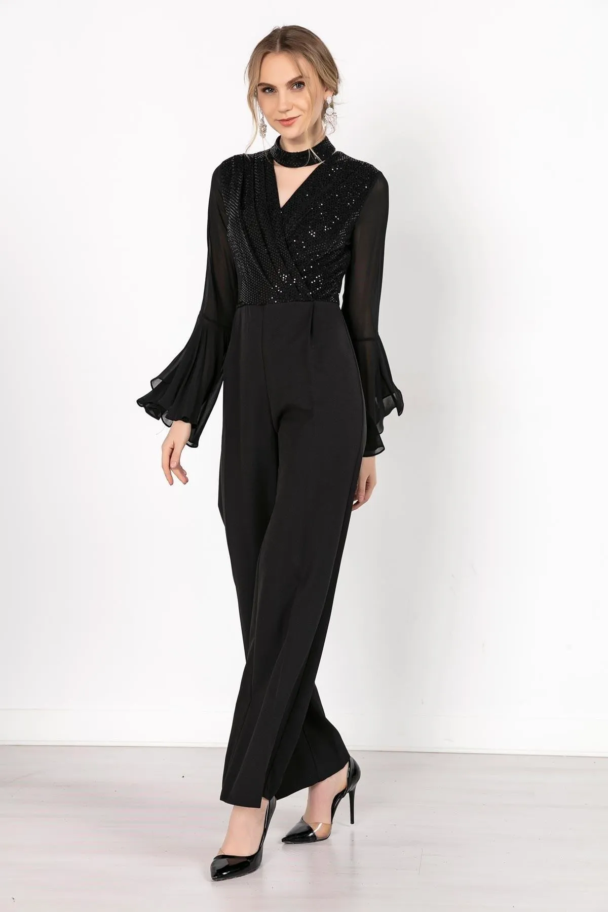 16228 Black Sequin Top Chiffon Sleeve Jumpsuit