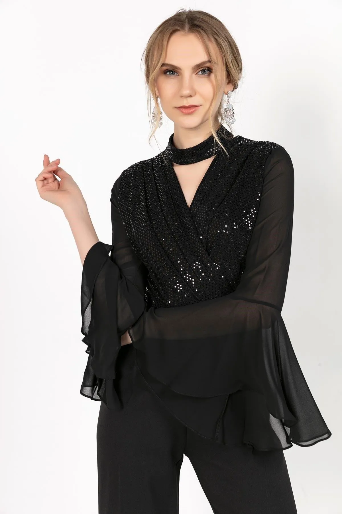 16228 Black Sequin Top Chiffon Sleeve Jumpsuit