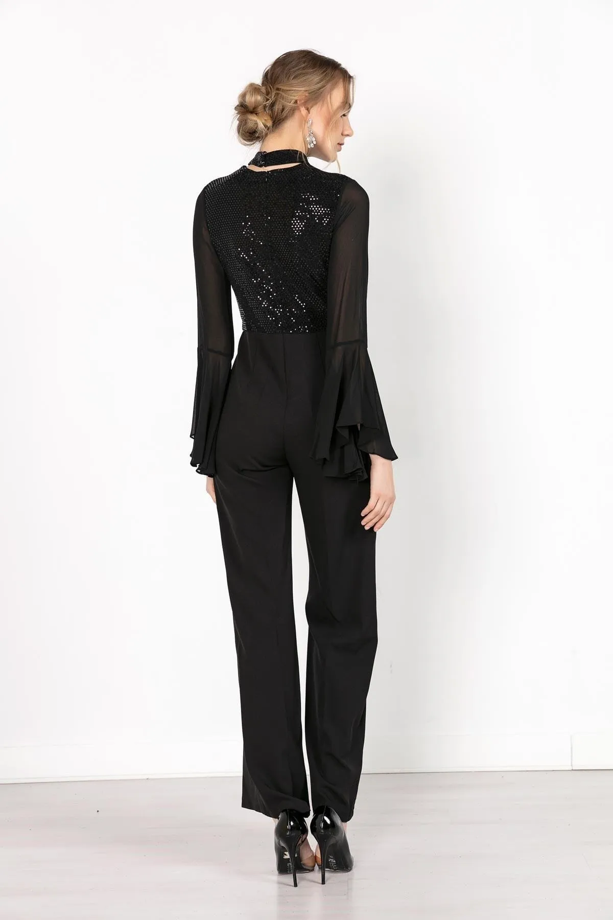 16228 Black Sequin Top Chiffon Sleeve Jumpsuit