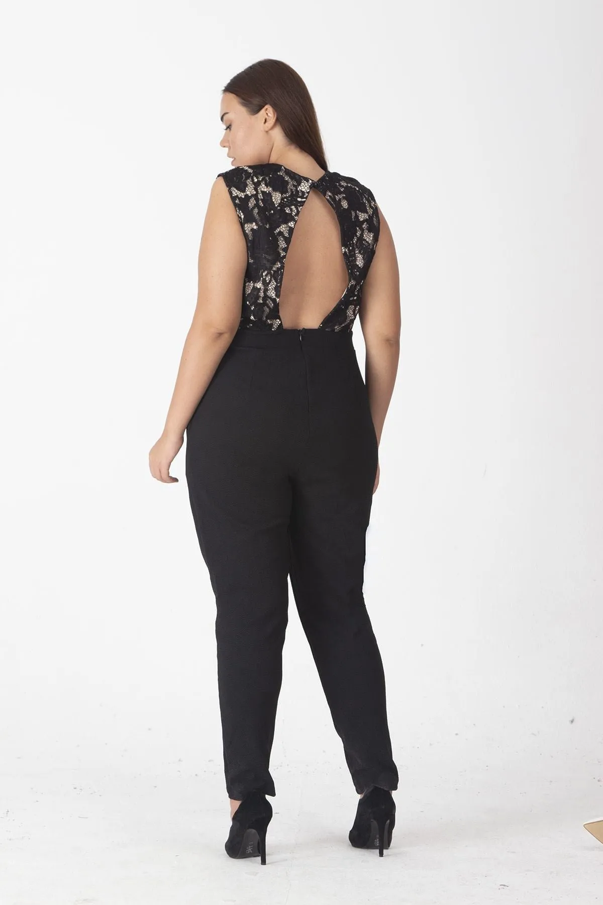 16241 Black Lace Top Cutout Back Jumpsuit