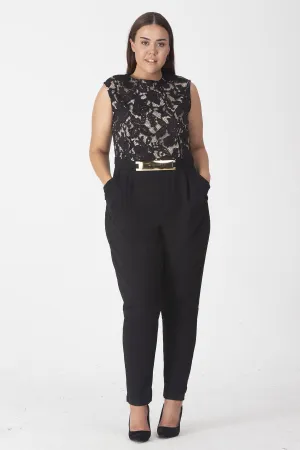 16241 Black Lace Top Cutout Back Jumpsuit