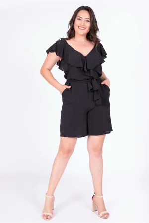16266 Black Frill Collar Shorts Jumpsuit