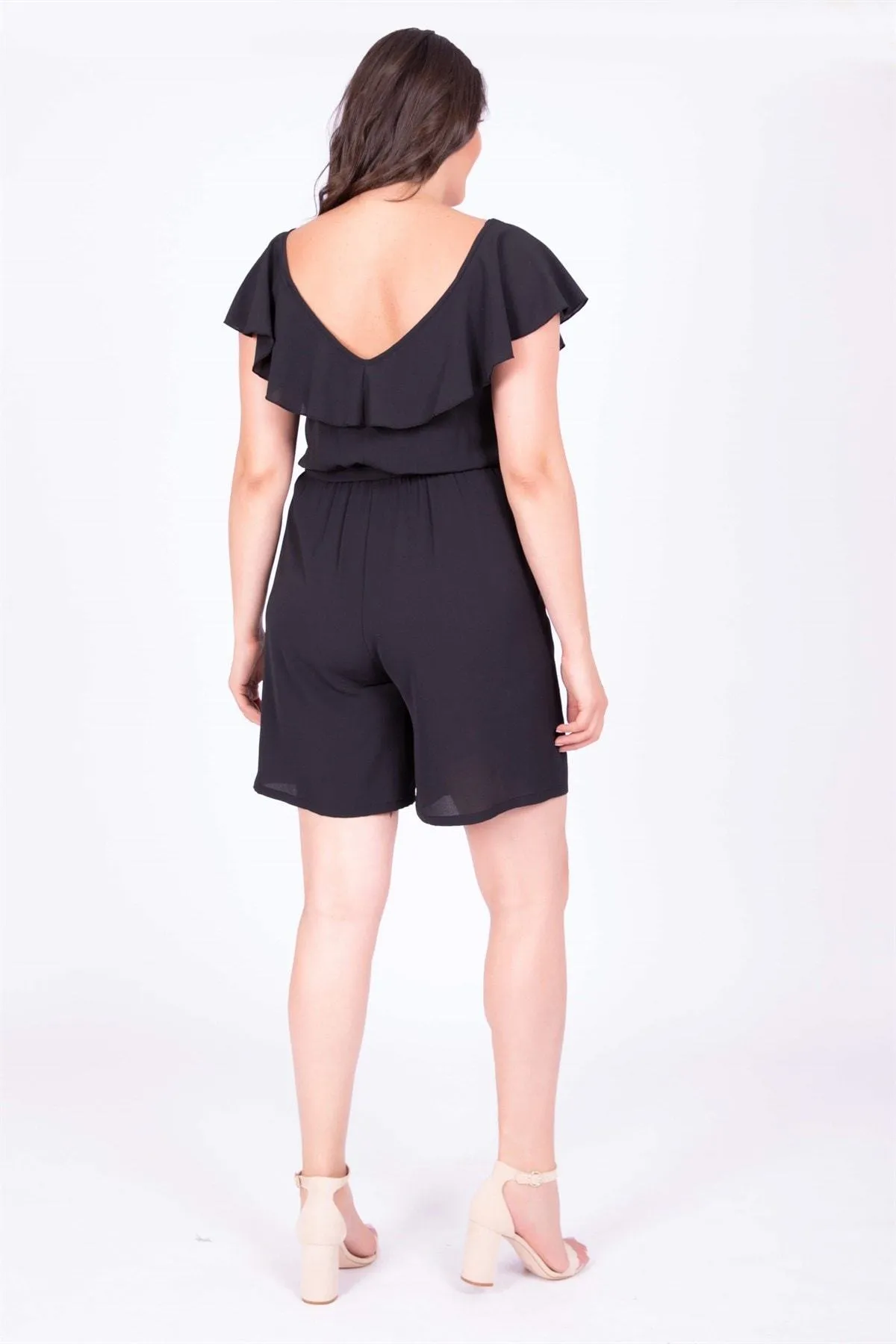 16266 Black Frill Collar Shorts Jumpsuit