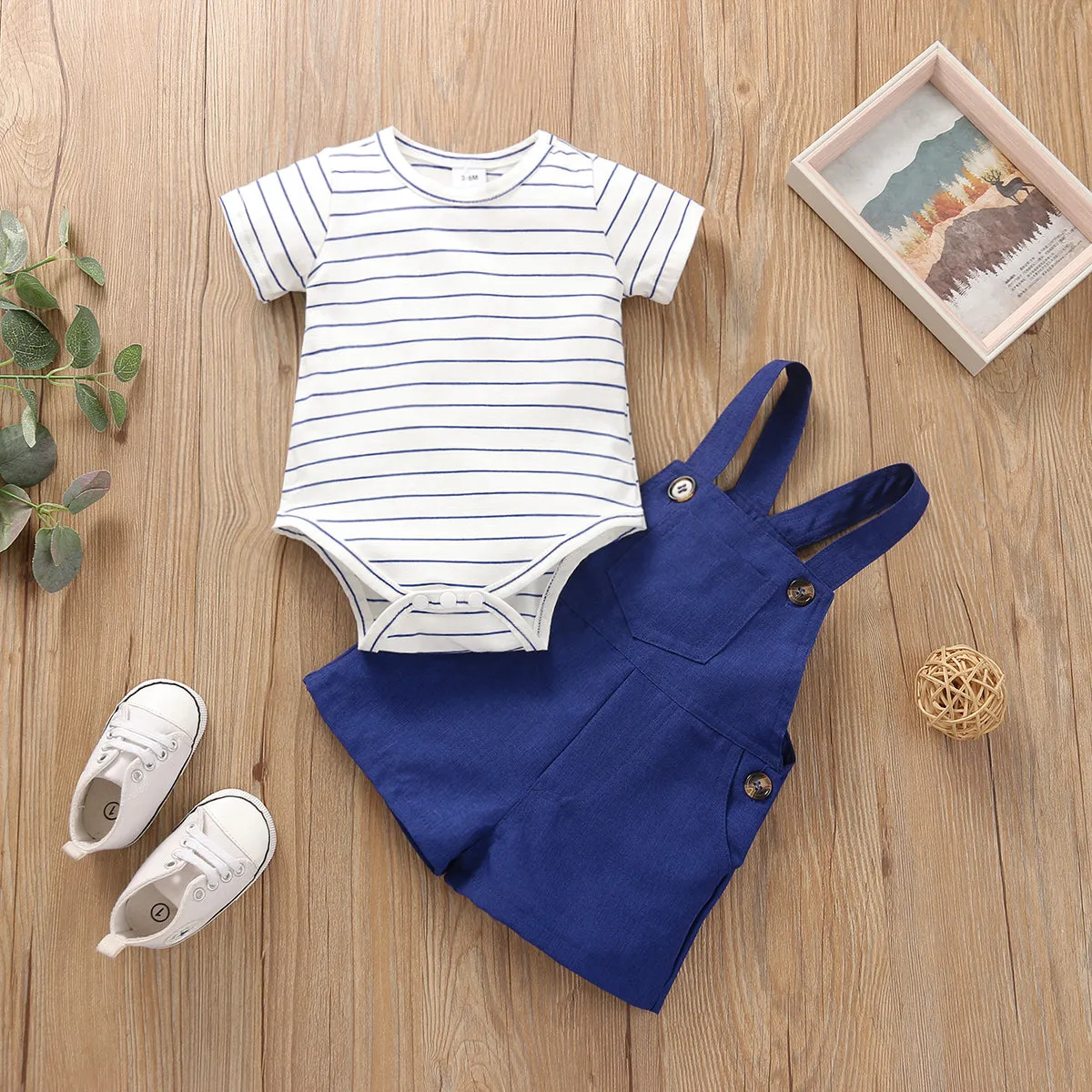 2pcs Stripe Print Pocket Decor Short-sleeve Baby Set