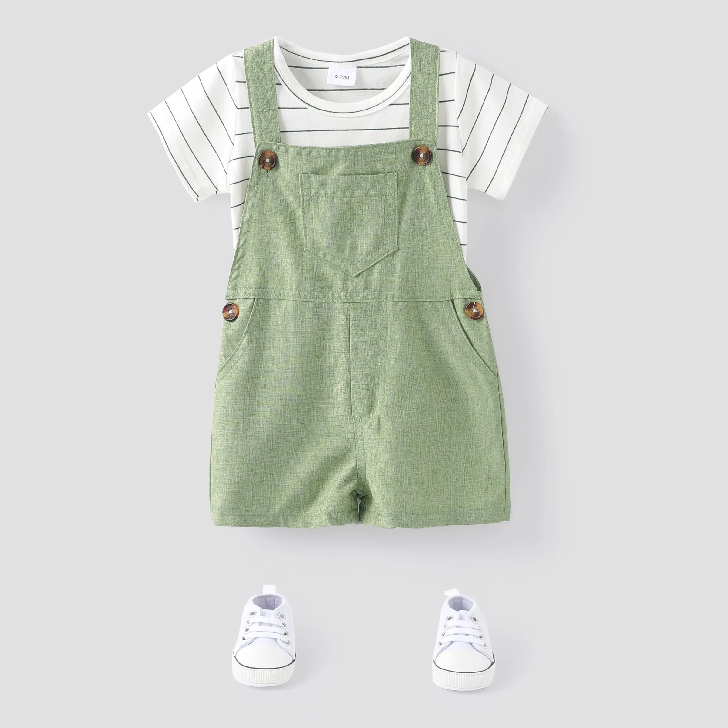 2pcs Stripe Print Pocket Decor Short-sleeve Baby Set