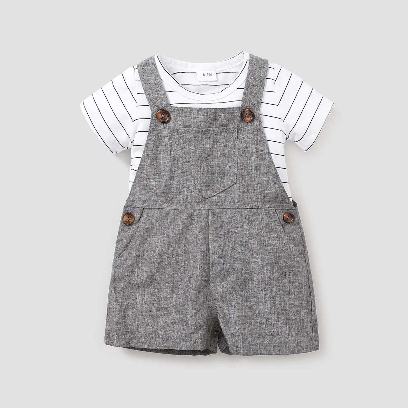 2pcs Stripe Print Pocket Decor Short-sleeve Baby Set
