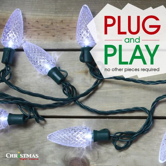 50-light  5mm Pure White Strobe LED Christmas Lights, 4" Spacing Green Wire