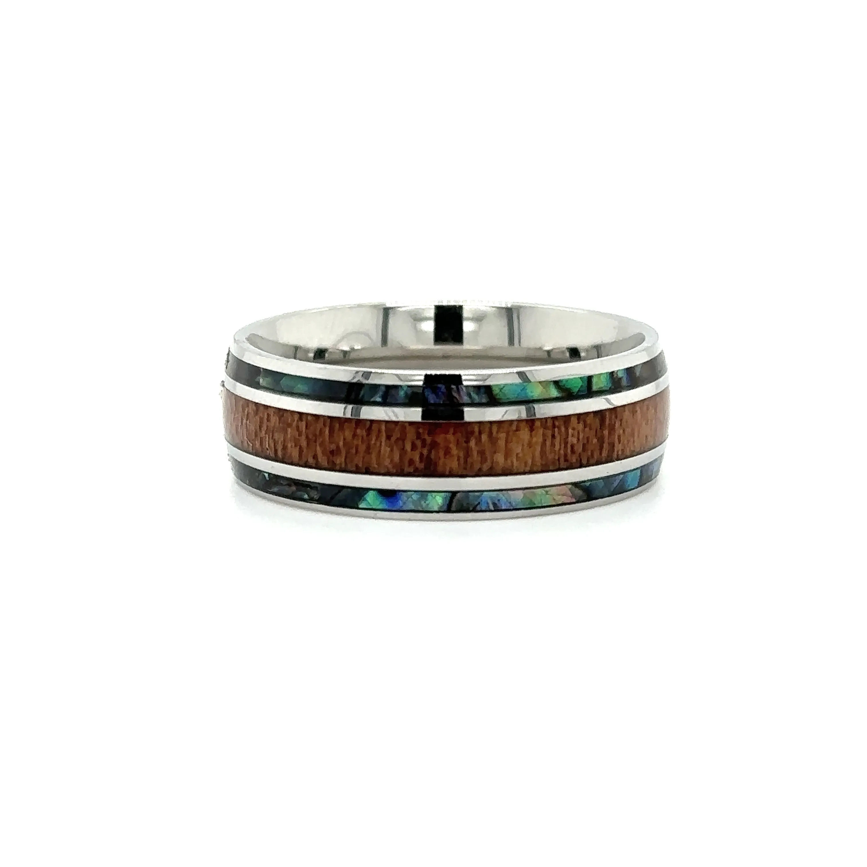 Abalone and Koa Wood Stainless Steel Rings
