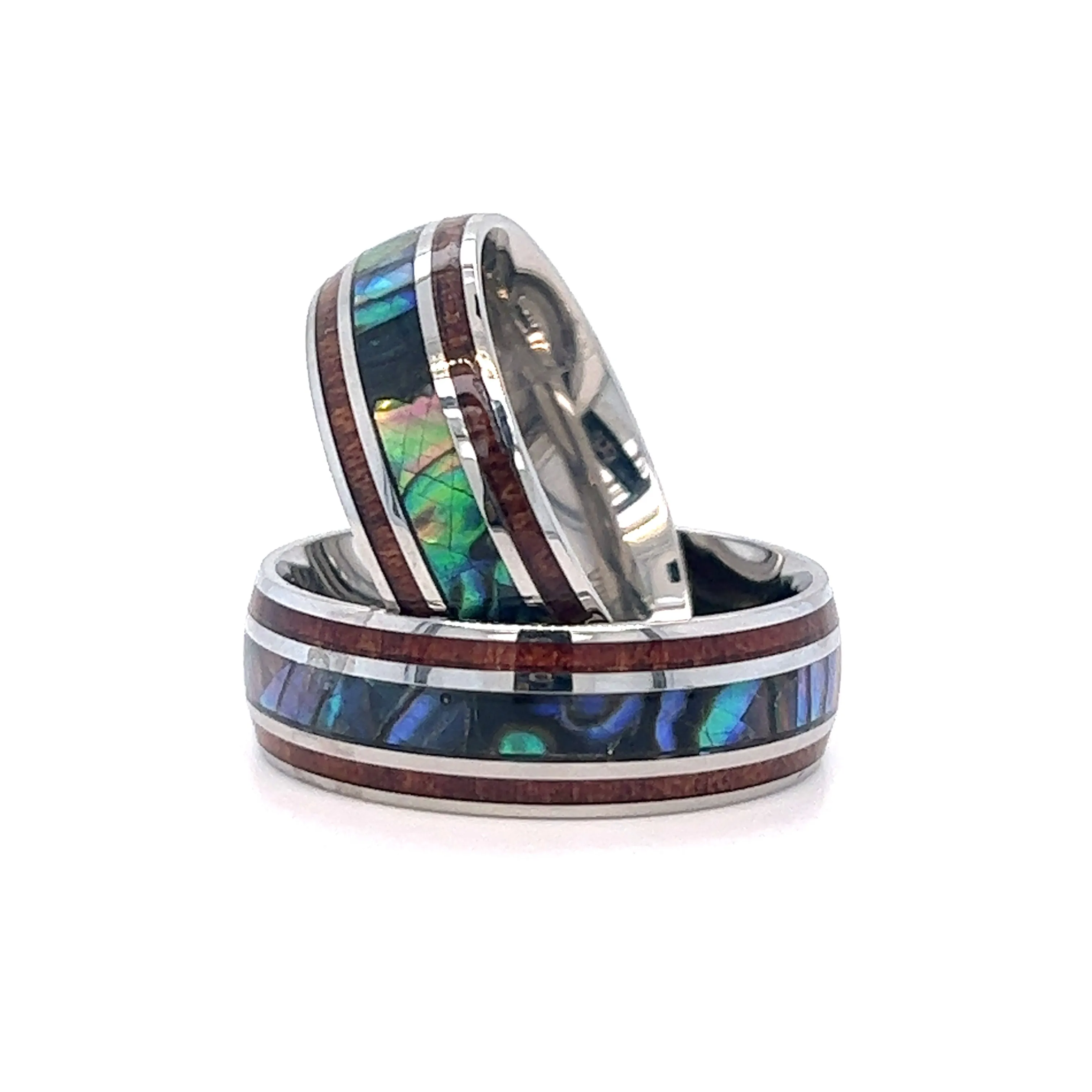 Abalone and Koa Wood Stainless Steel Rings