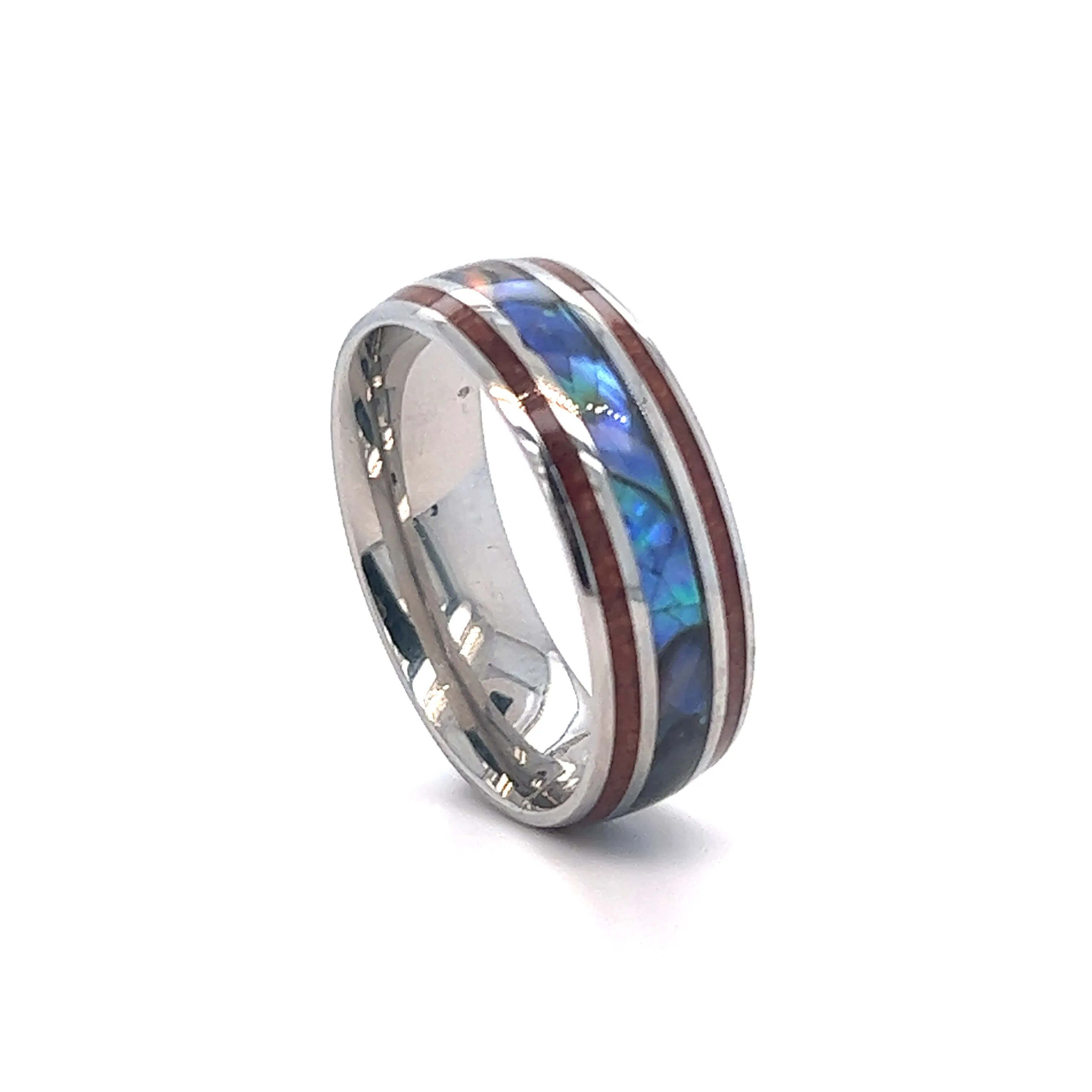 Abalone and Koa Wood Stainless Steel Rings