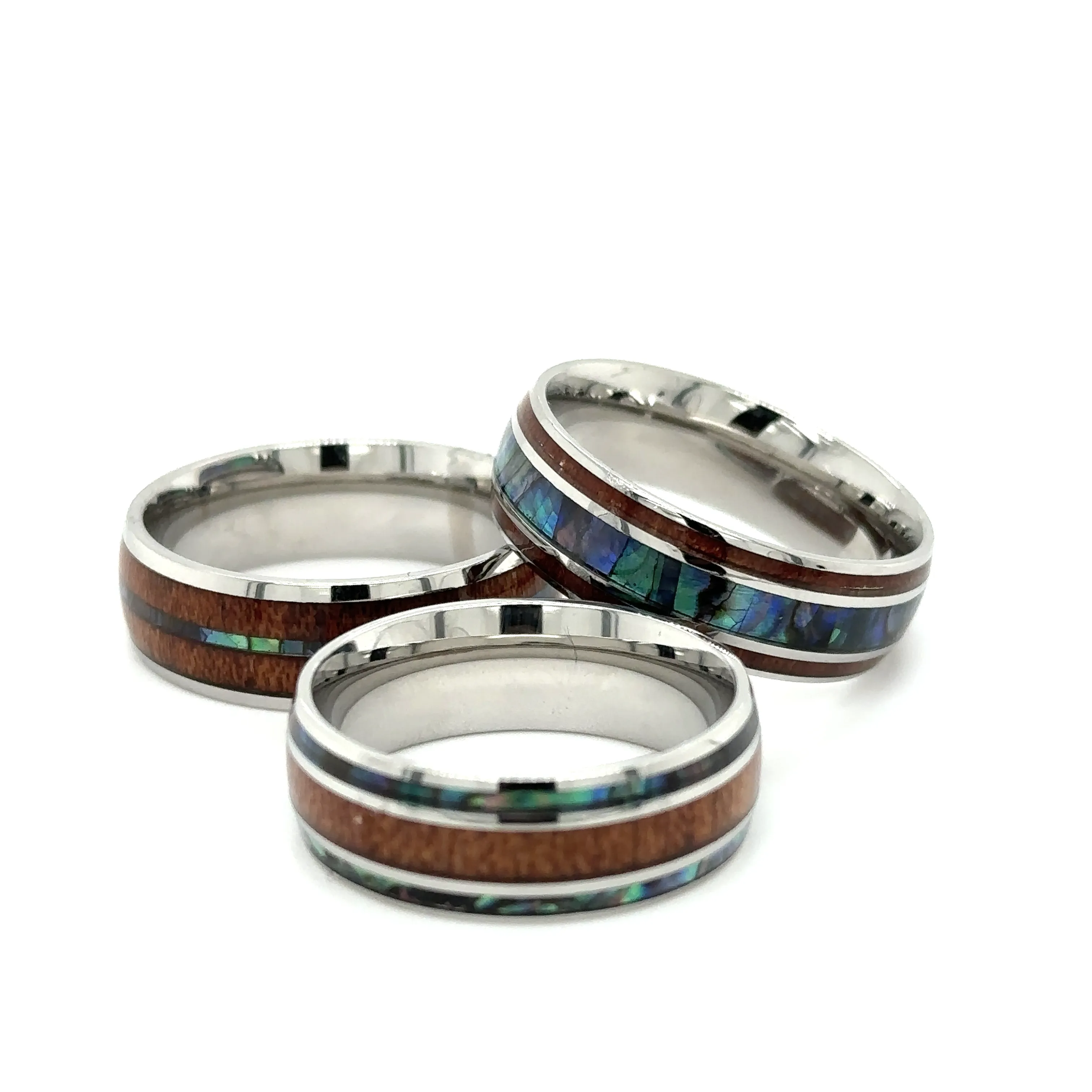 Abalone and Koa Wood Stainless Steel Rings
