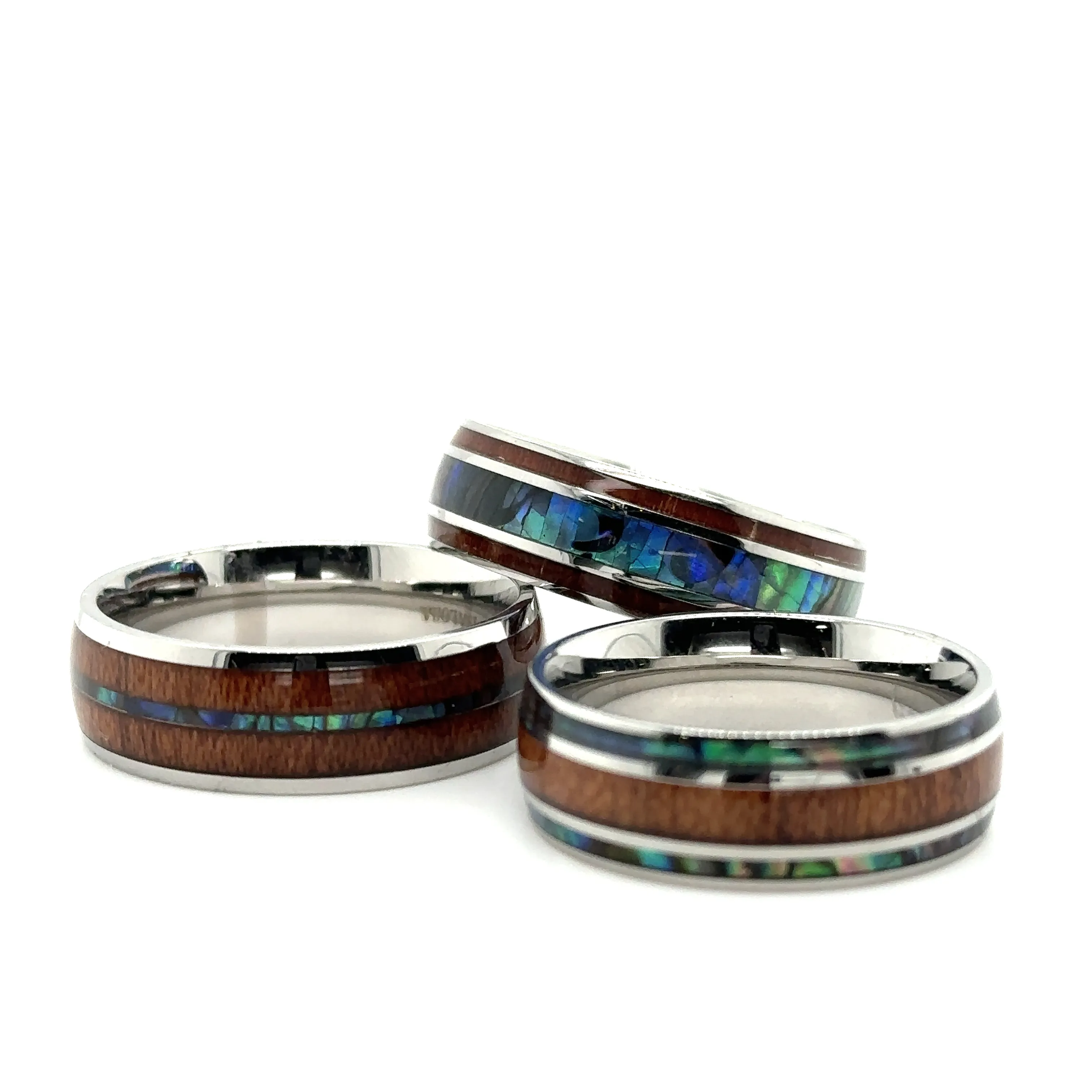 Abalone and Koa Wood Stainless Steel Rings
