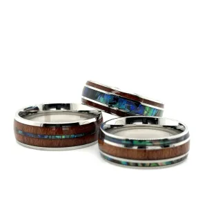 Abalone and Koa Wood Stainless Steel Rings