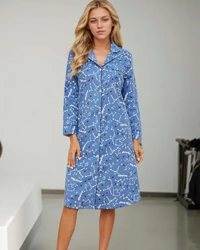 ASHER FASHION Women's Sleepwear Long Flannel Nightgown Button Down Sleepshirt Long Sleeve Nightshirt