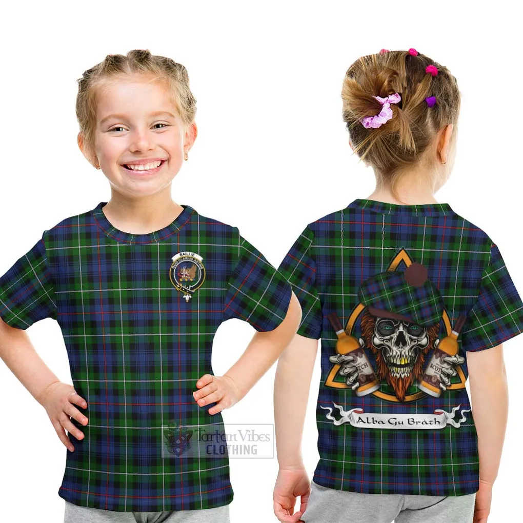 Baillie (Bailey) Tartan Kid T-Shirt with Family Crest and Bearded Skull Holding Bottles of Whiskey