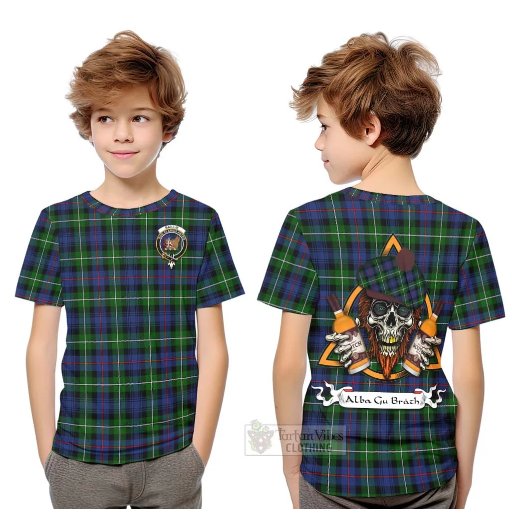 Baillie (Bailey) Tartan Kid T-Shirt with Family Crest and Bearded Skull Holding Bottles of Whiskey