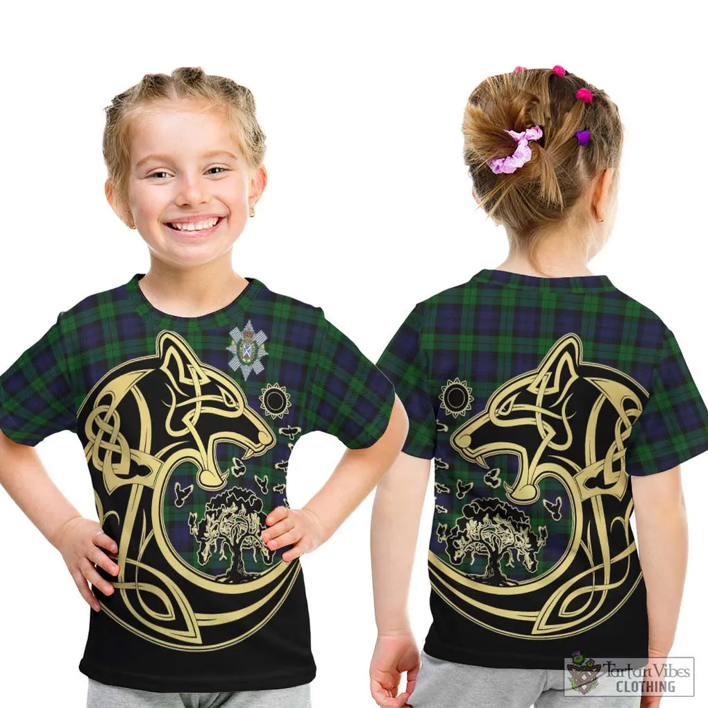 Black Watch Tartan Kid T-Shirt with Family Crest Celtic Wolf Style