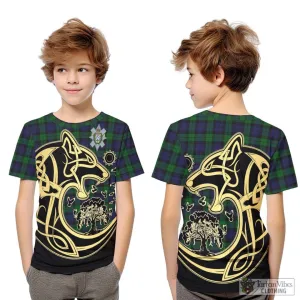 Black Watch Tartan Kid T-Shirt with Family Crest Celtic Wolf Style