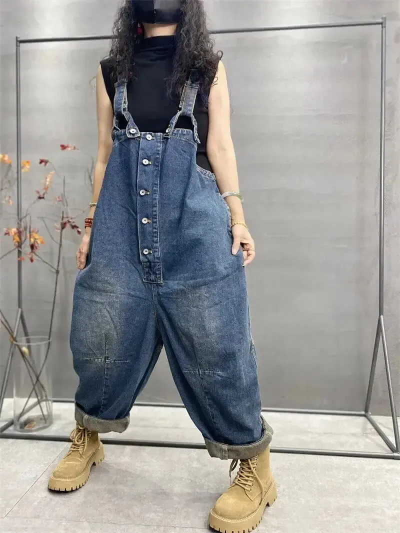 Blue Denim Retro Drop Crotch Overalls for Women
