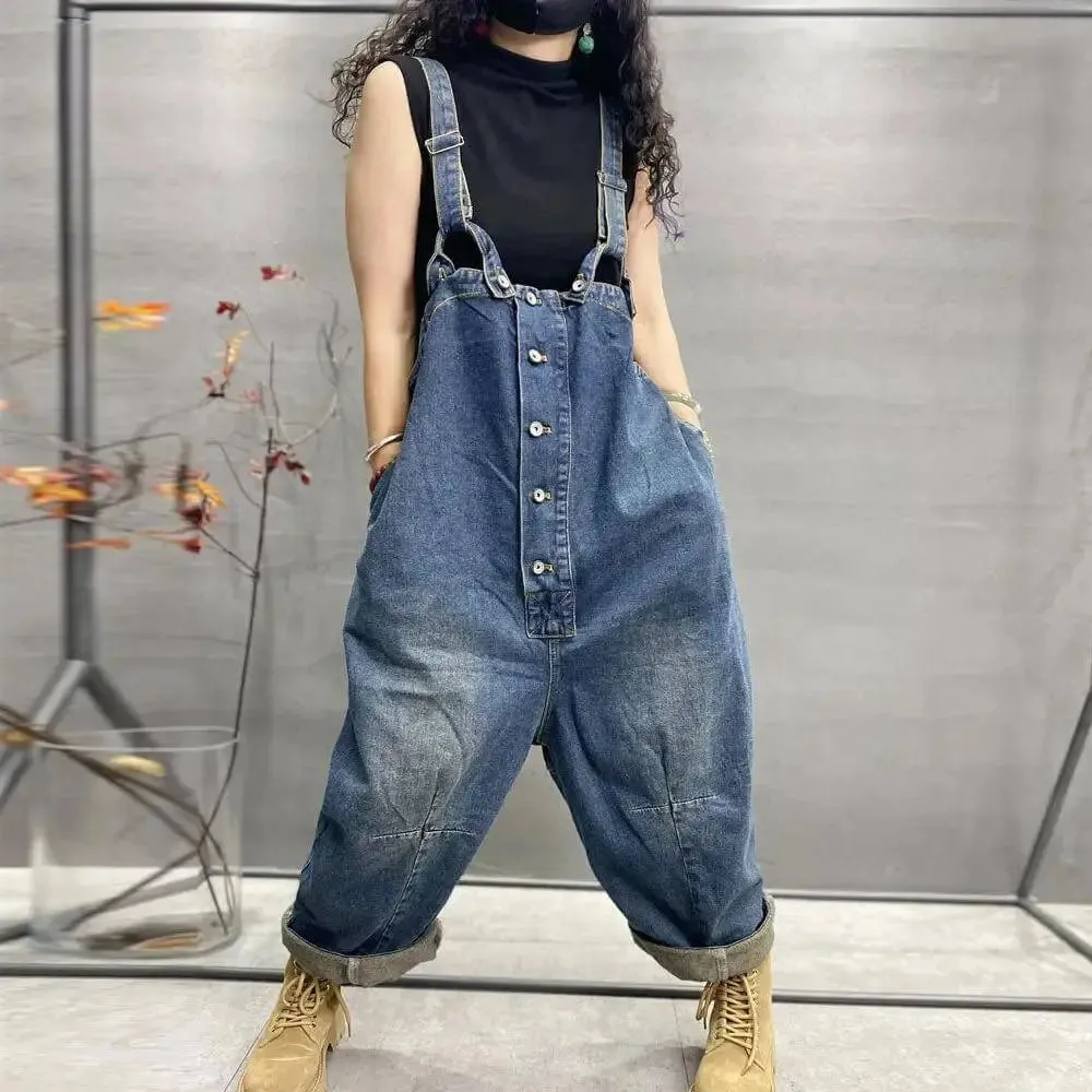 Blue Denim Retro Drop Crotch Overalls for Women