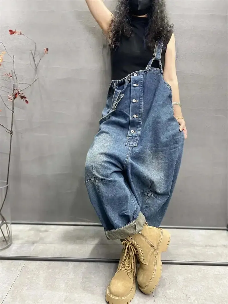 Blue Denim Retro Drop Crotch Overalls for Women