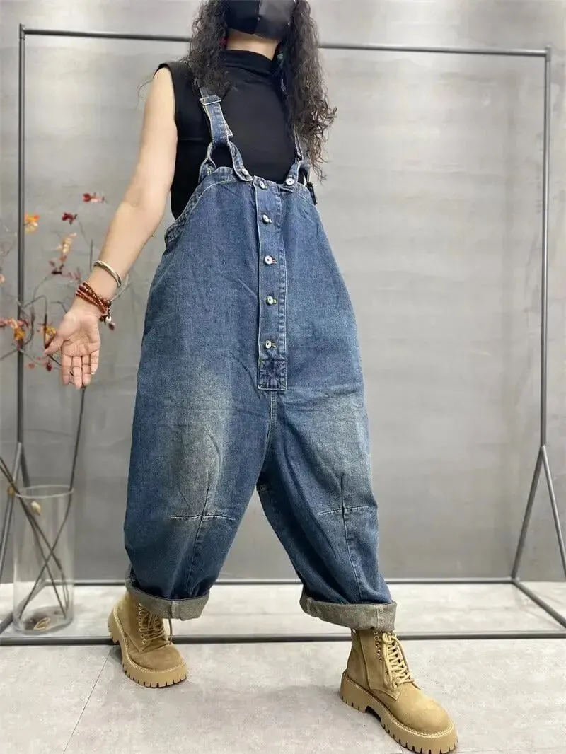 Blue Denim Retro Drop Crotch Overalls for Women