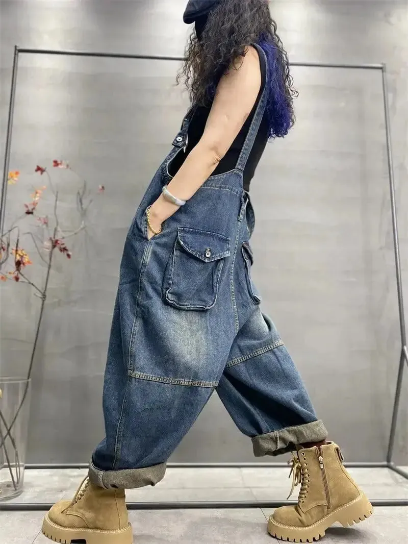 Blue Denim Retro Drop Crotch Overalls for Women