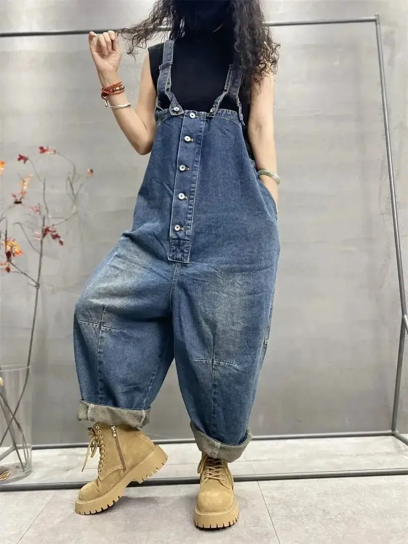 Blue Denim Retro Drop Crotch Overalls for Women