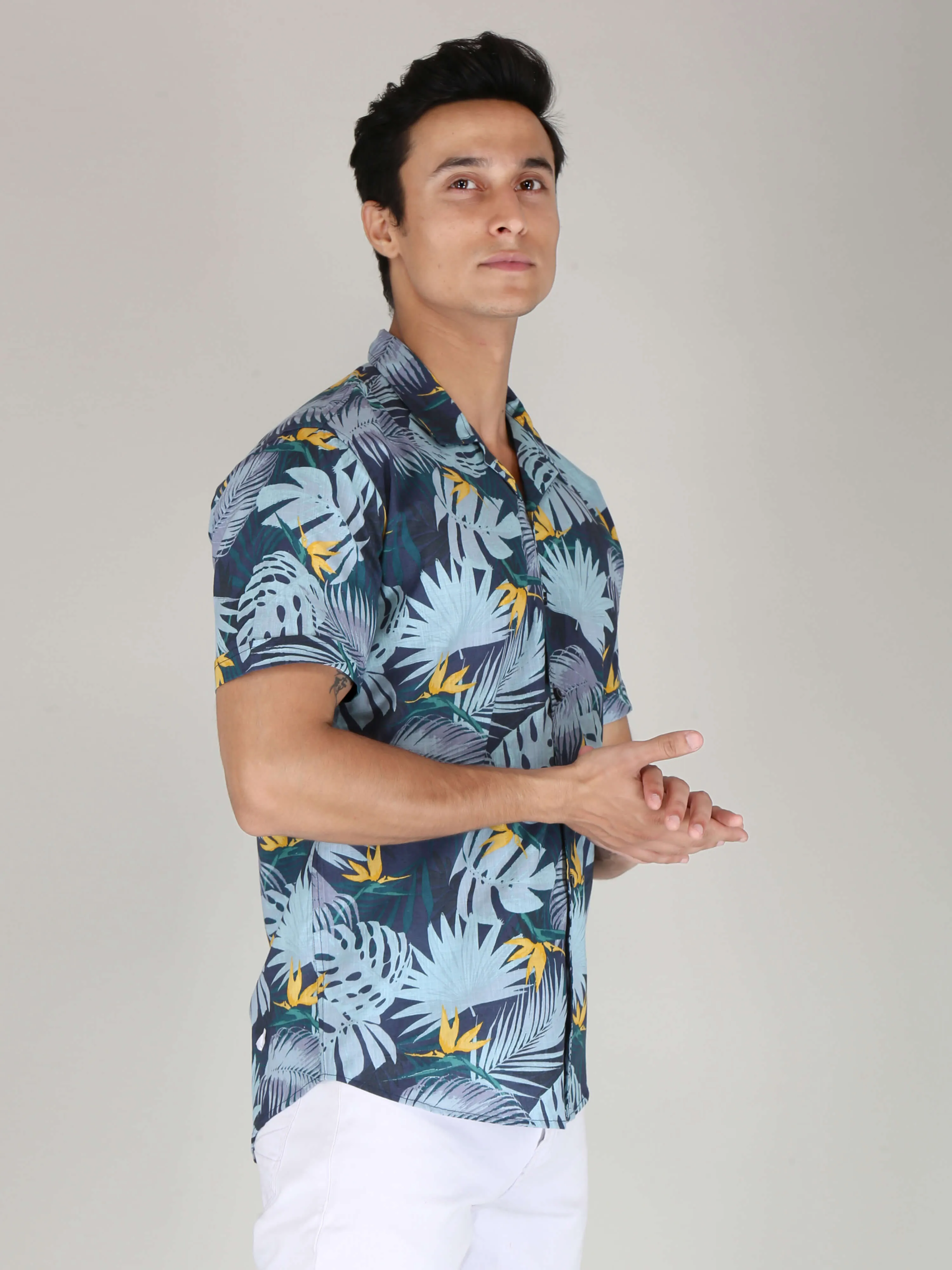 Blue Leaf Printed Pure Cotton Shirts for Men