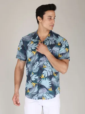 Blue Leaf Printed Pure Cotton Shirts for Men