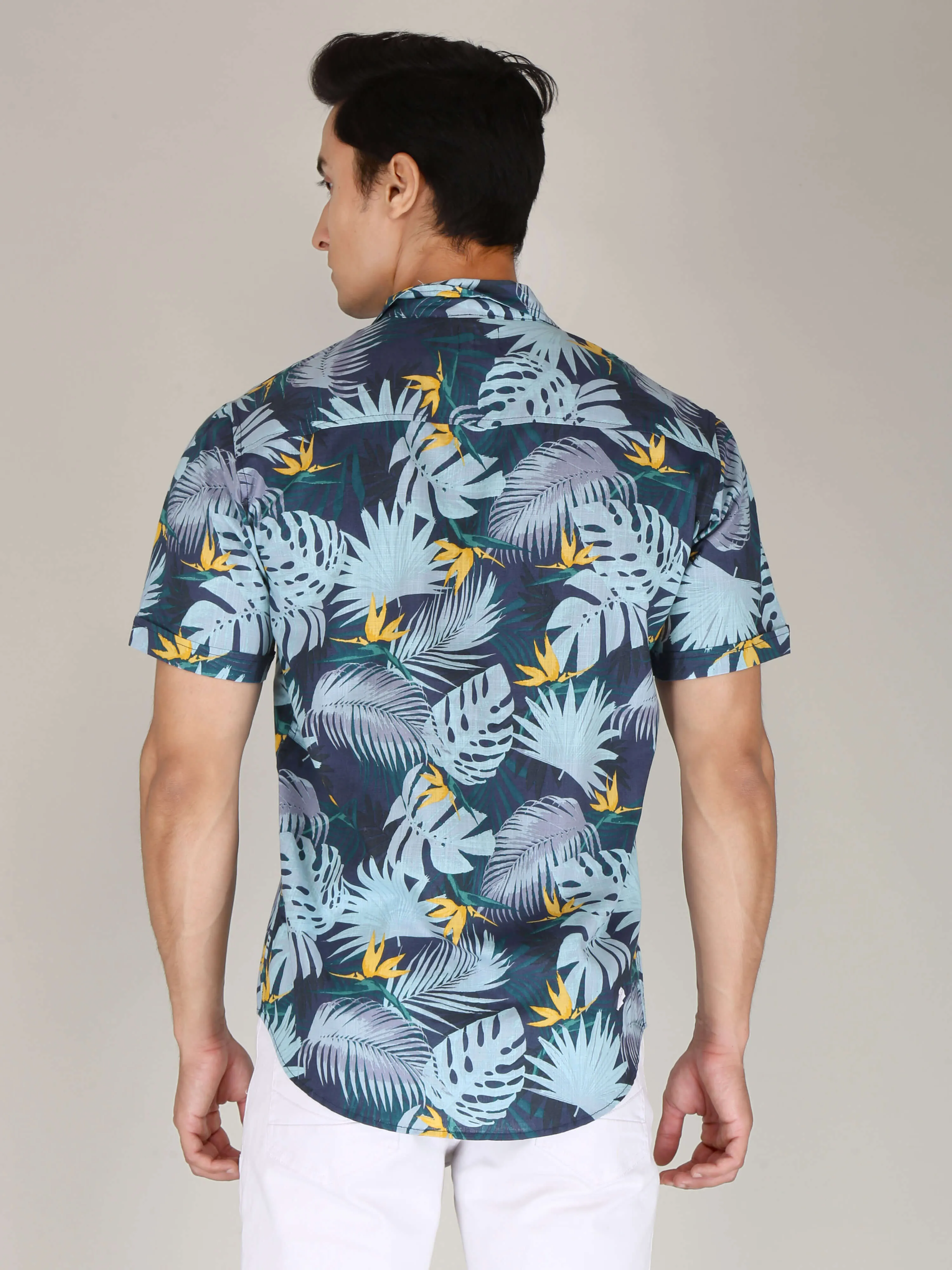 Blue Leaf Printed Pure Cotton Shirts for Men