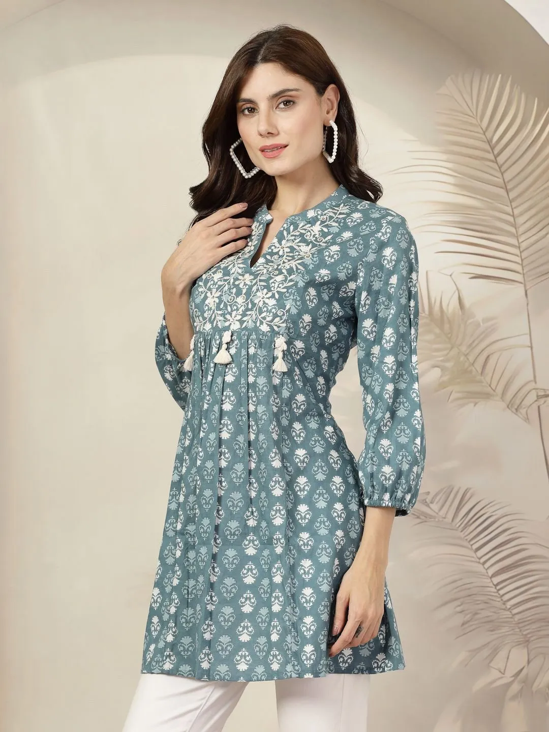 Bohemian Blue & White Printed Tunic with Embroidered Details