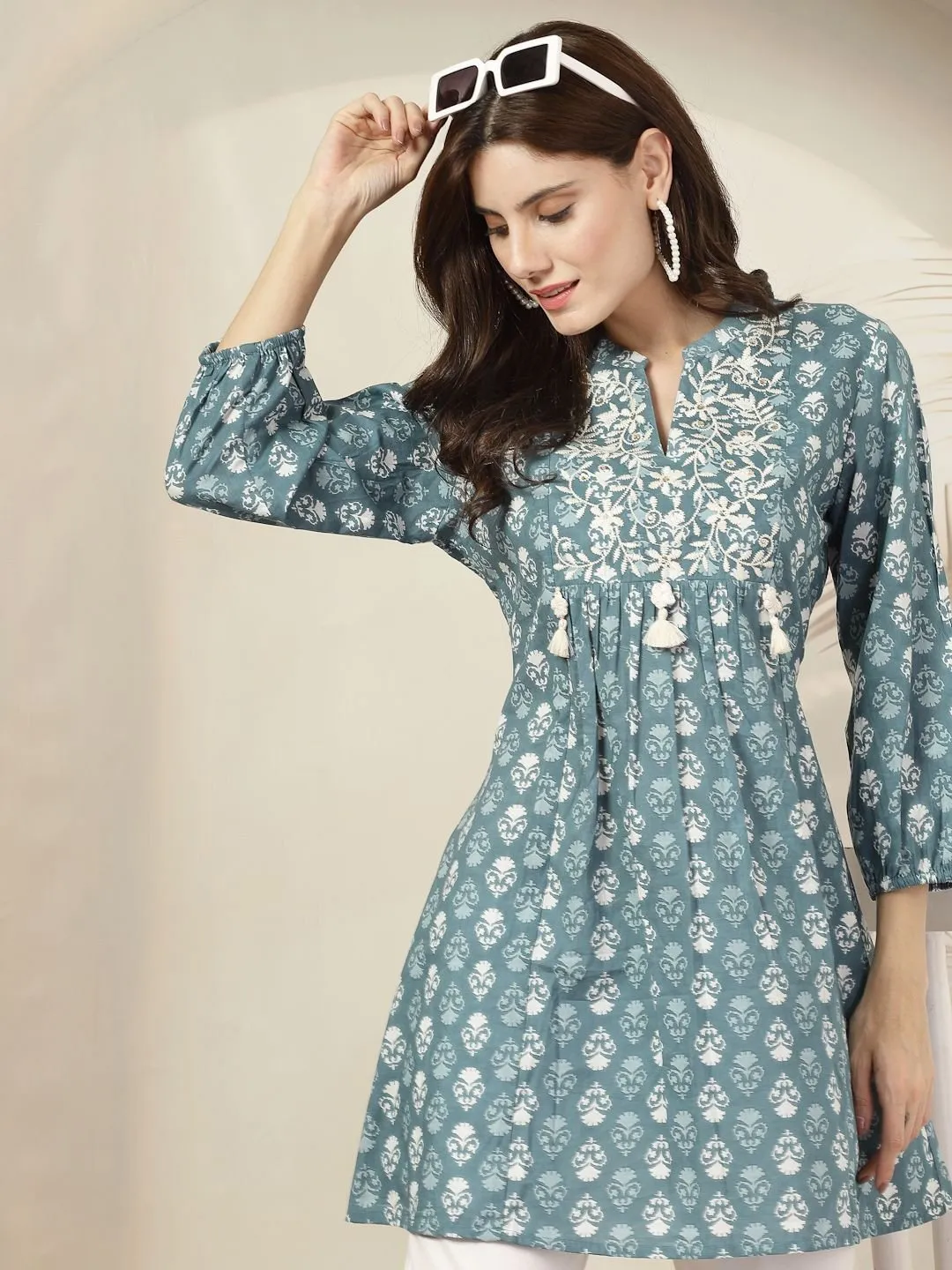 Bohemian Blue & White Printed Tunic with Embroidered Details