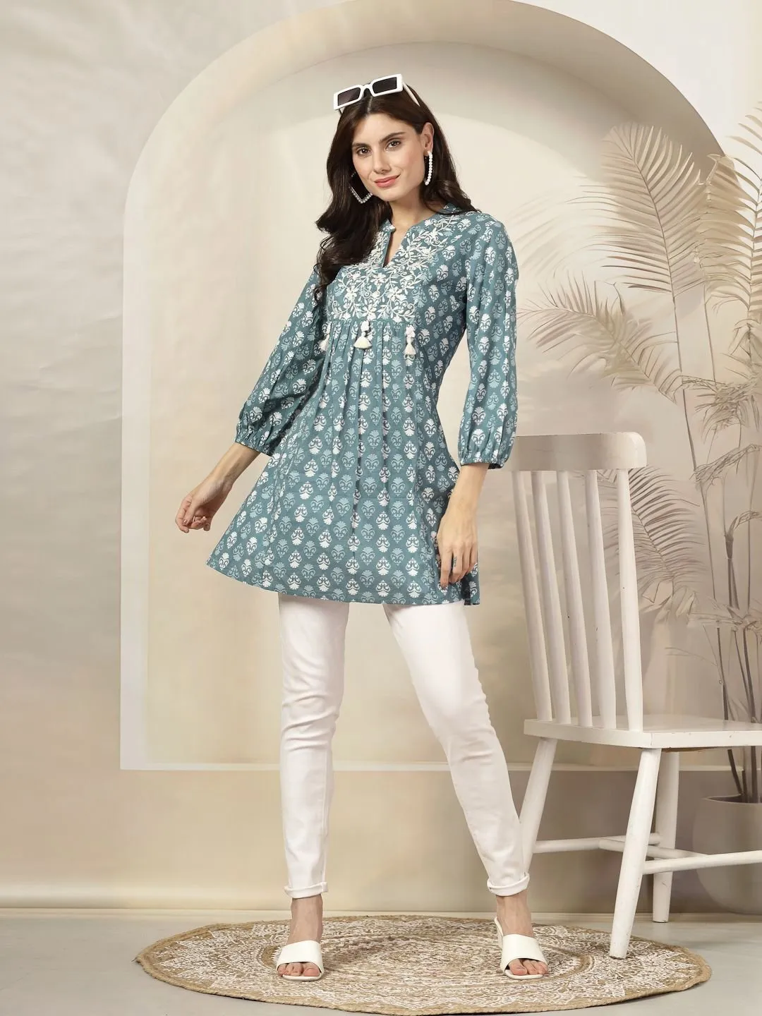 Bohemian Blue & White Printed Tunic with Embroidered Details
