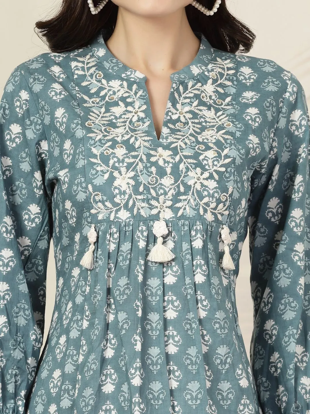 Bohemian Blue & White Printed Tunic with Embroidered Details