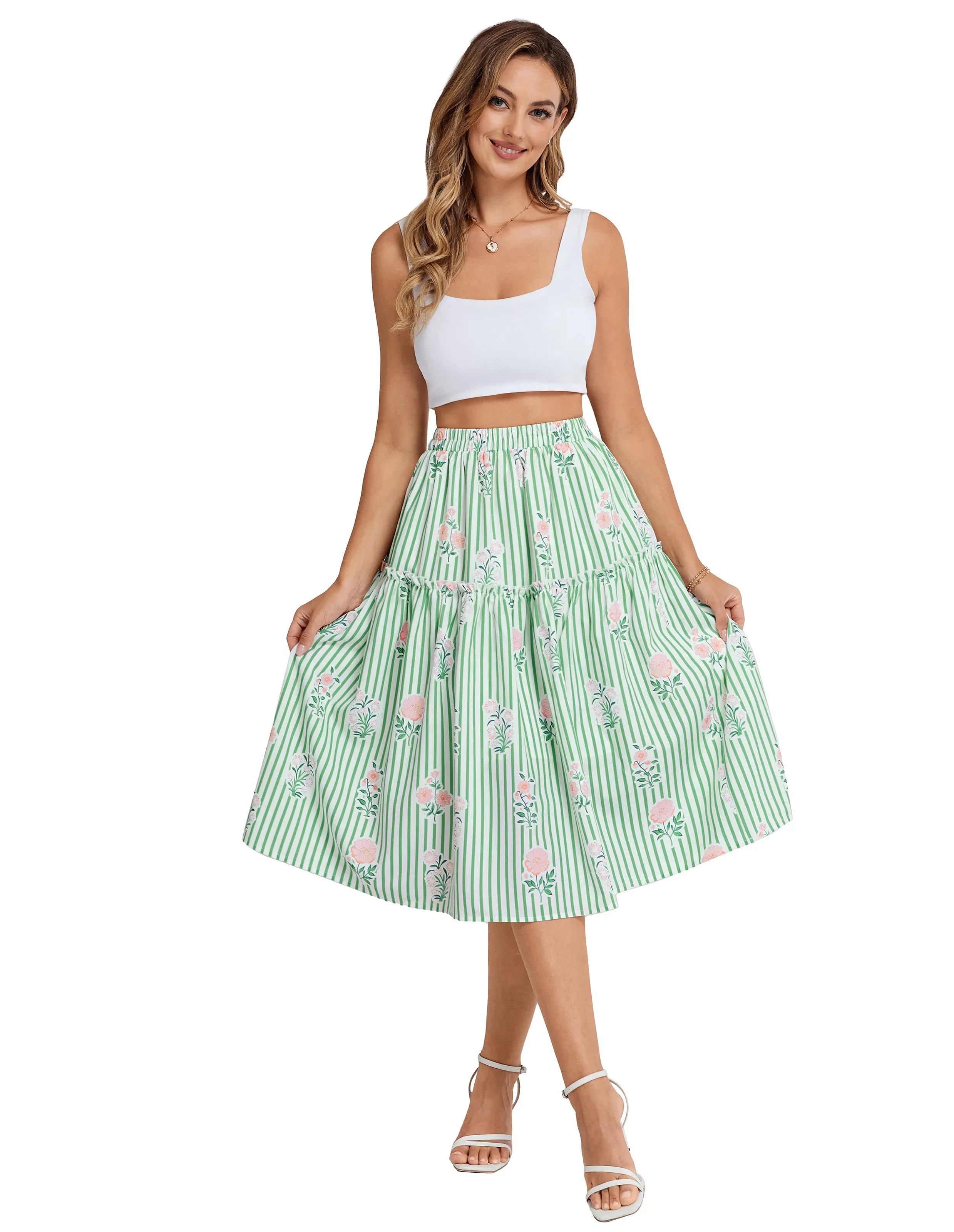BP Women Vintage Tiered Swing Skirt Elastic Waist Mid-Calf A-Line Skirt