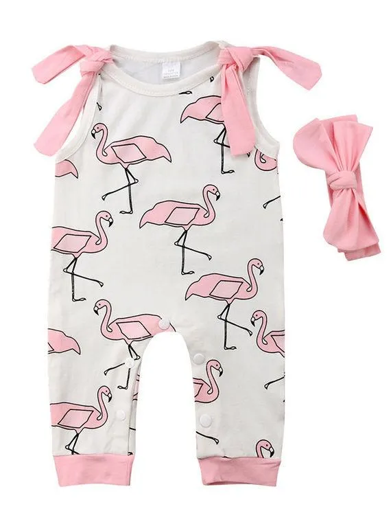 Cartoon Red-crowned Crane Sleeveless Jumpsuit Overalls with Pink Headband