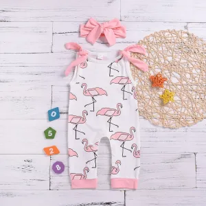 Cartoon Red-crowned Crane Sleeveless Jumpsuit Overalls with Pink Headband
