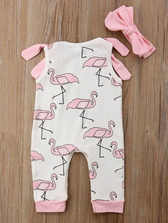 Cartoon Red-crowned Crane Sleeveless Jumpsuit Overalls with Pink Headband