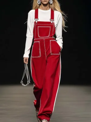 Casual Fashion White Trim Red Denim Overalls