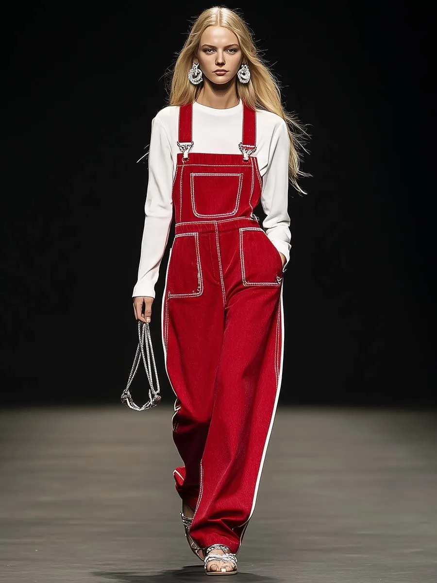 Casual Fashion White Trim Red Denim Overalls