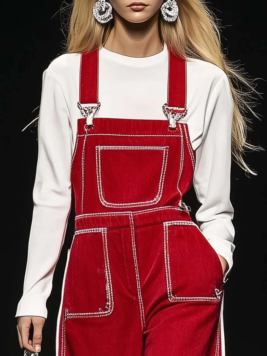Casual Fashion White Trim Red Denim Overalls