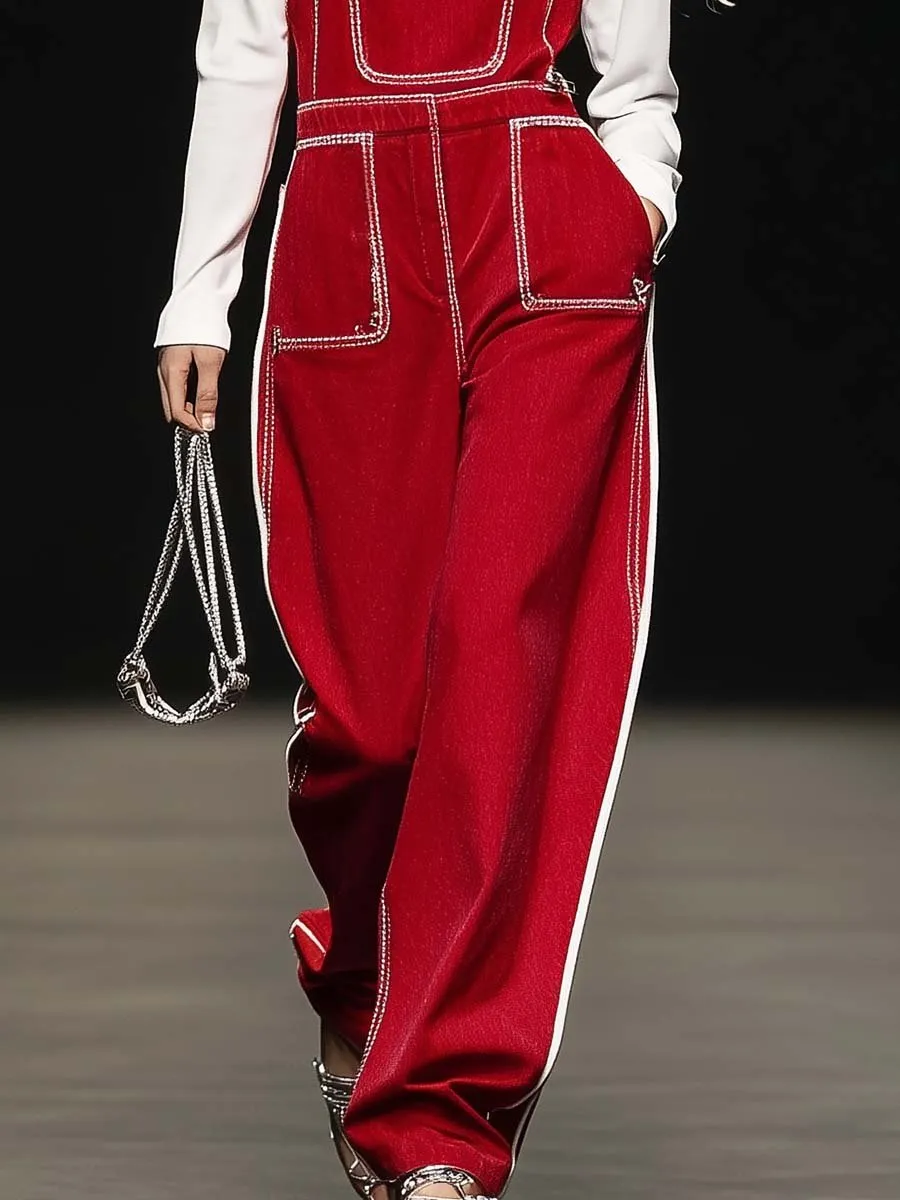 Casual Fashion White Trim Red Denim Overalls