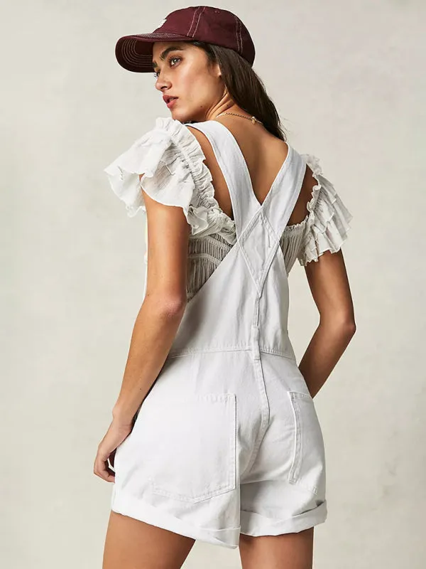 Cotton Denim Playsuit with Folded Hem - Overalls